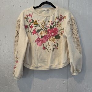 Anthropologie Floral Embroidered Lace Cream Top Sweatshirt